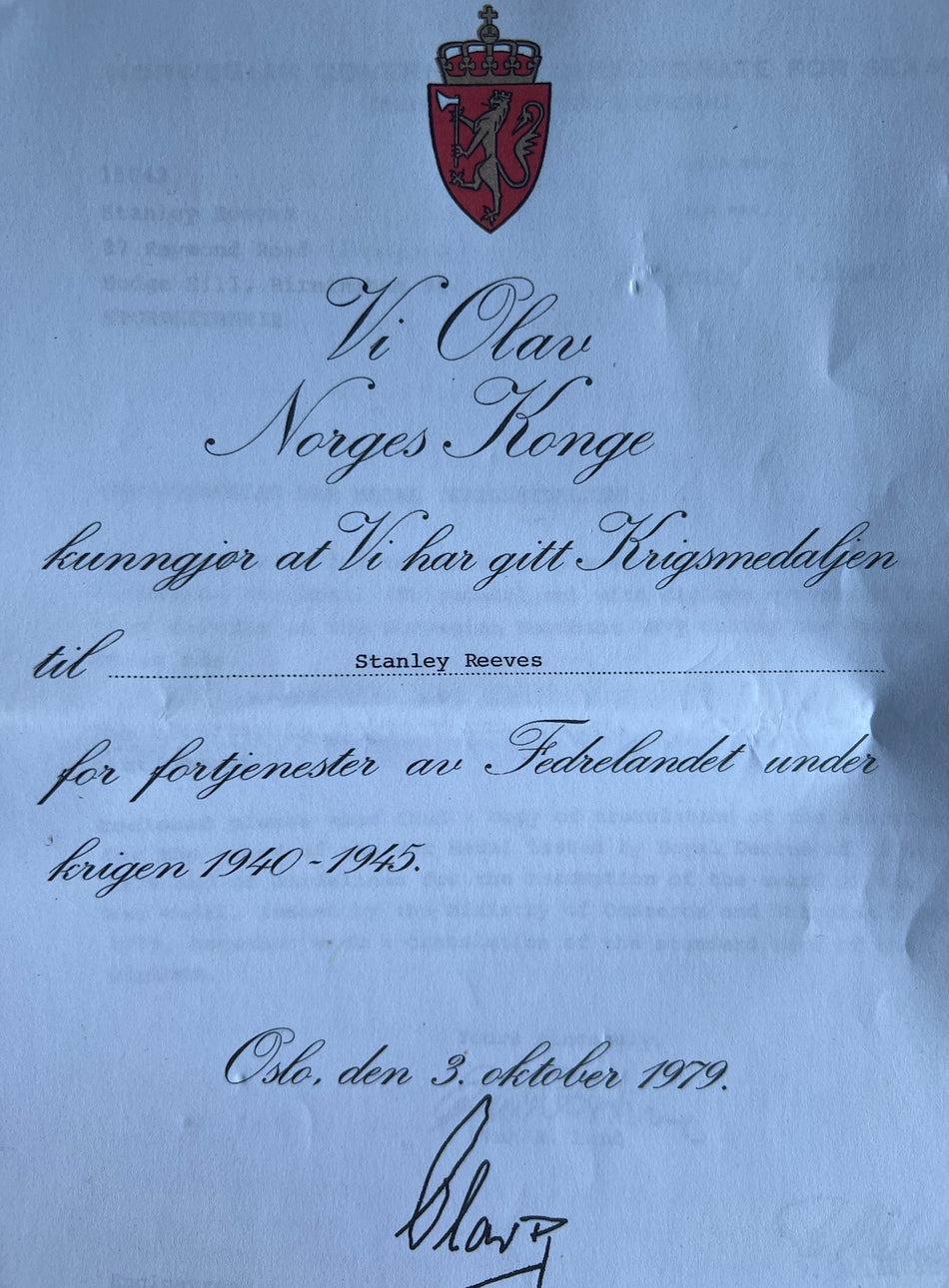 WW2 group of 6 the Merchant Seaman Stanley Reeves, who was awarded the Norway War Medal 1939-45, with original documents for the award, scarce