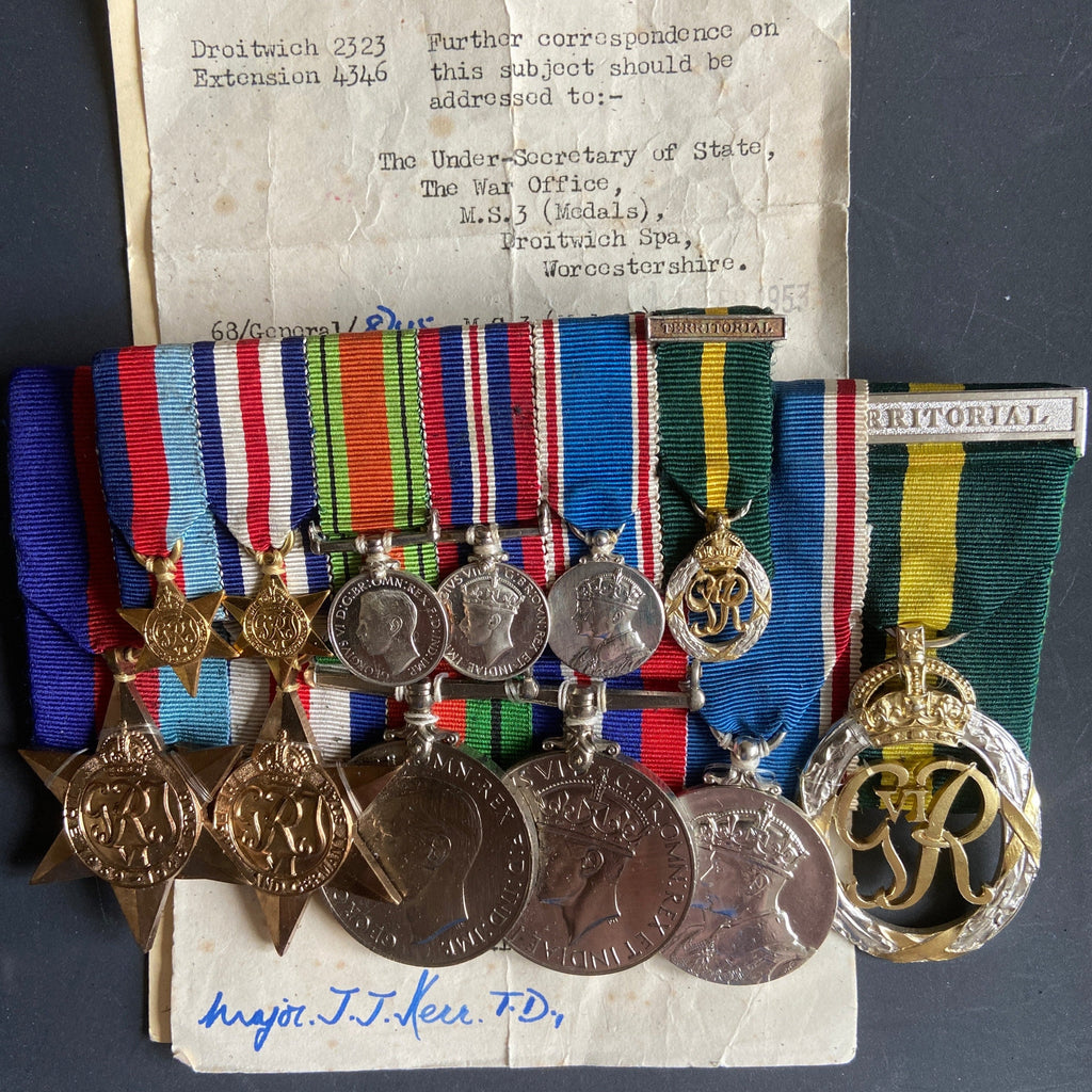 Group of 6 to Lieutenant Colonel Major J. J. Kerr, Hampshire Regiment, T.D. awarded London Gazzett 21/4/1950, with miniatures