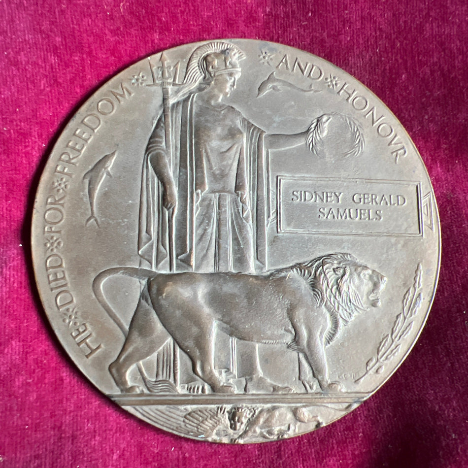 Memorial Plaque to 48258 Sydney Gerald Samuels, 12 Battalion, East Surrey Regiment, who died on the 24th November 1918, commemorated at the British cemetery Wimille, Francs, with copy of the war diary for November 1918