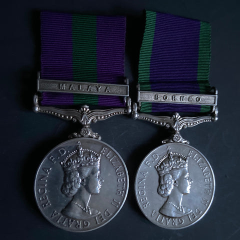 General Service Medal, Malaya clasp/ General Service Medal, Borneo clasp pair, to 23232184 Sergeant R. Bowes, Royal Signals