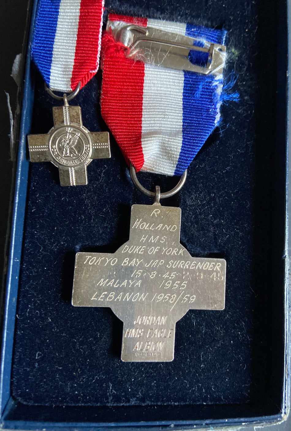 General Service Cross, engraved on reverse: R. Holland, HMS Duke of York, Tokyo Bay Jap Surrender 15.8.45- 2.9.45, Malaya 1955, Lebanon 1958/59, Jordan, HMS Eagle/ Albion
