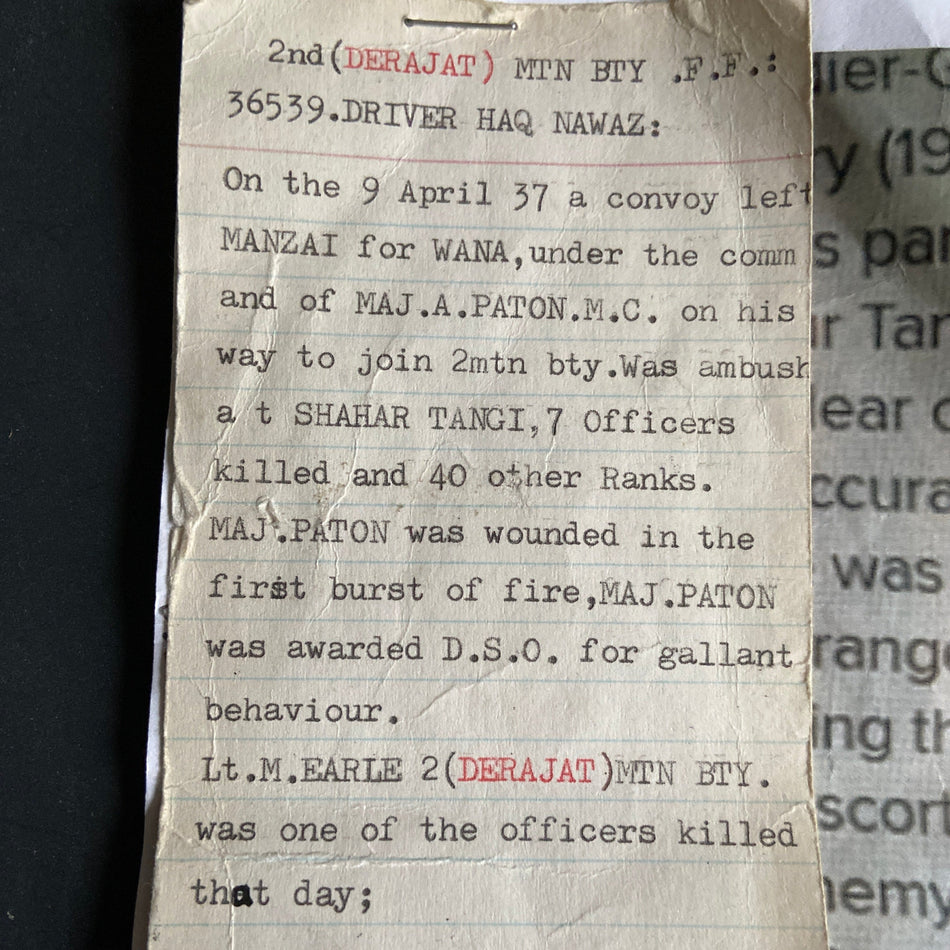 India General Service Medal, 2 bars, to Driver Haq. Nawaz, 2 Mountain Battery, 9th April 1937 was ambushed at Shahar Tangi, 7 officers killed, 40 other ranks, see account, this man survived, includes history