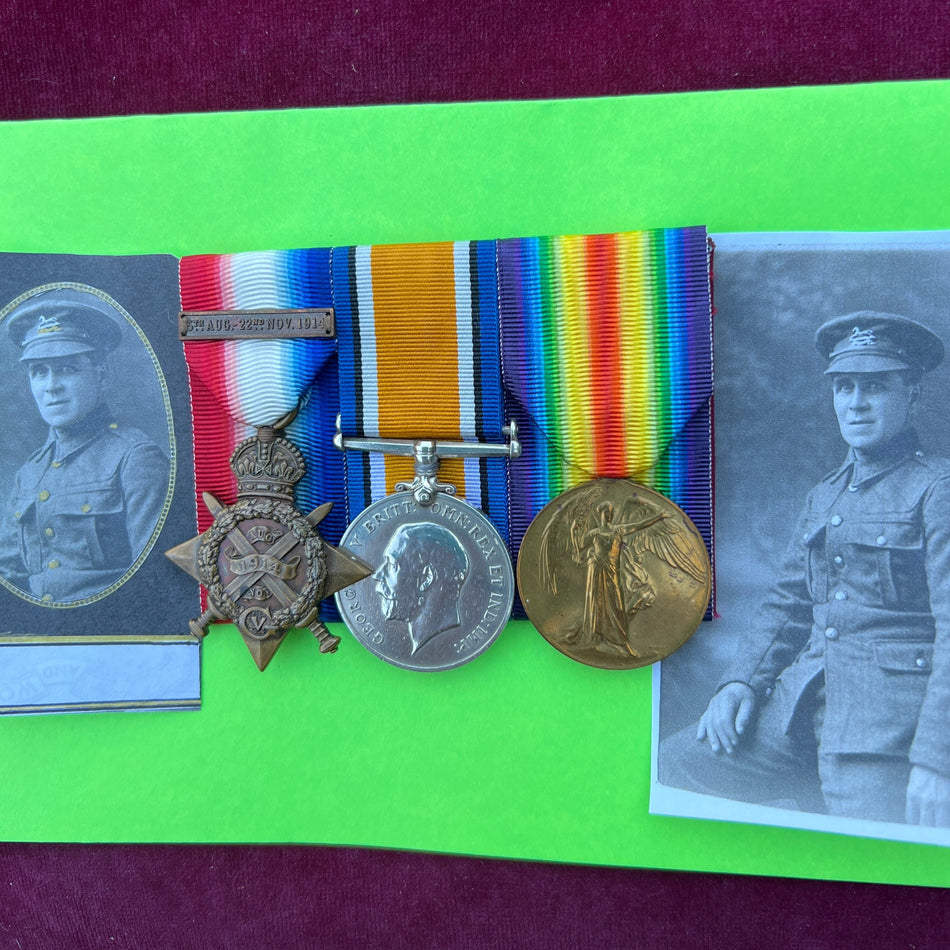 1914 Star trio to 7090 Pte. James Taylor, 1 Battalion, West Yorkshire Regiment, in the French theatre of war from 8 September 1914, reported missing October 1914, later confirmed prisoner of war interned at Stellin, Germany
