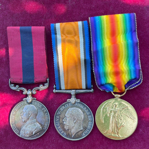 WW1 DCM trio to 915772 Gunner/ Lance Corporal Percy Quinnell, served Egypt attd. No.5 M.M. Battery, Royal Field Artillery. Killed an enemy machine gun crew after being struck in the head by a splinter. With two certificates signed by General Allenby