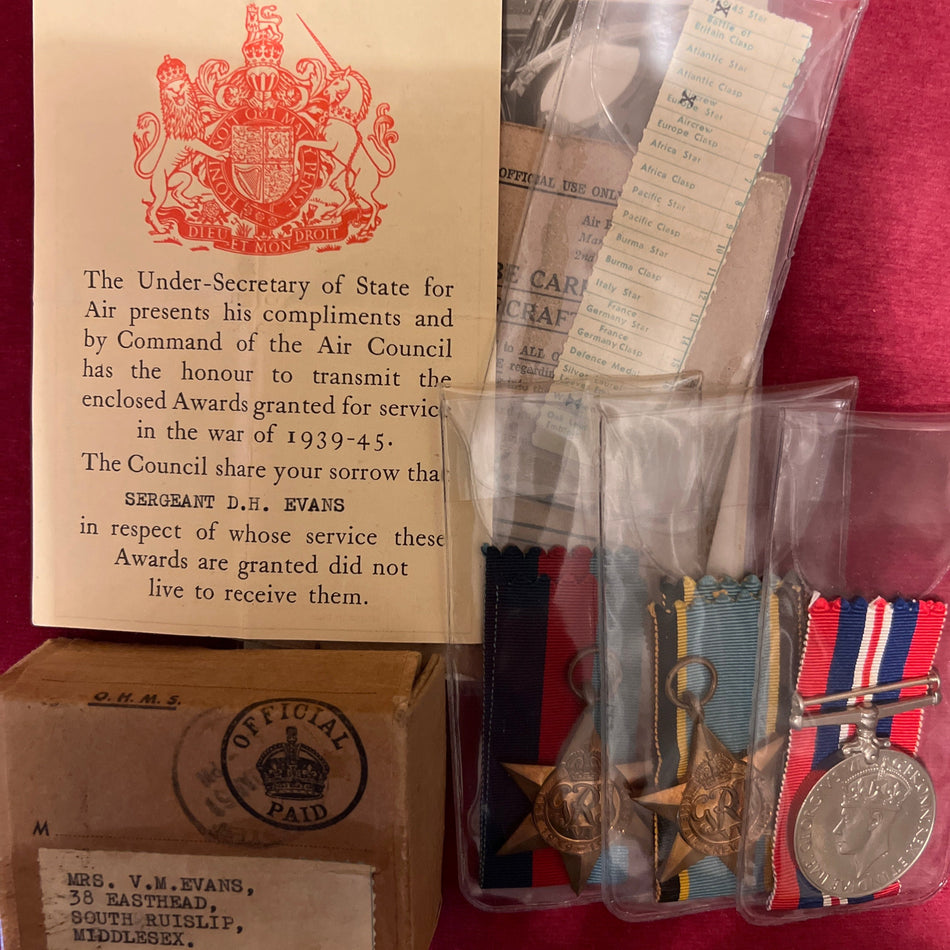 Group of 3 to 1384041 Sergeant Derek Henry Evans, RAF, killed in action carrying 21 500lb mines on an attack on Saarbrucken, 19/9/1942, Evans was a pilot with 115 Squadron and flew Wellingtons, includes history
