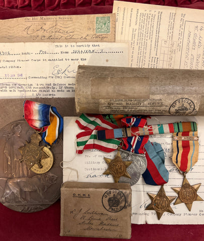 Father & son medals: Charles Sullivan (father) 6 Bn., Kings Own Royal Lancaster Regiment, KIA 9th April 1916, Mesopotamia, with scroll & plaque, missing War Medal/ James Sullivan (son), Manchester Regiment, served North Africa & Italy, includes letters