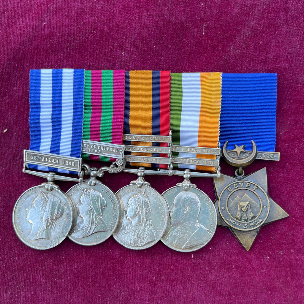 Group of 5 to 2554 Private J. Scott, 25th King's Own Scottish Borderers, served Egypt, India & South Africa. Geimaizah 1888, Khedive's Star (undated), India Medal, Relief of Chitral 1895 bar, QSA 3 bars & KSA, with full service history