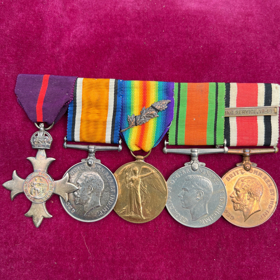 WW1 OBE group of 5 to Temporary Captain Walter Harrison Fielding, 2/1 East Anglian Field Company, Royal Engineers Aircraft construction works, served Gallipoli 16/8/1915, MiD London Gazette 14/6/1918, with service history
