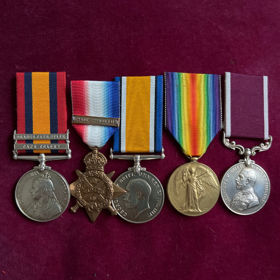 Group of 5 to 4856 Drummer/ Pte. William White, 2nd Royal Warwickshire Regiment, gunshot wound 24/10/1914, served through the war, includes service papers