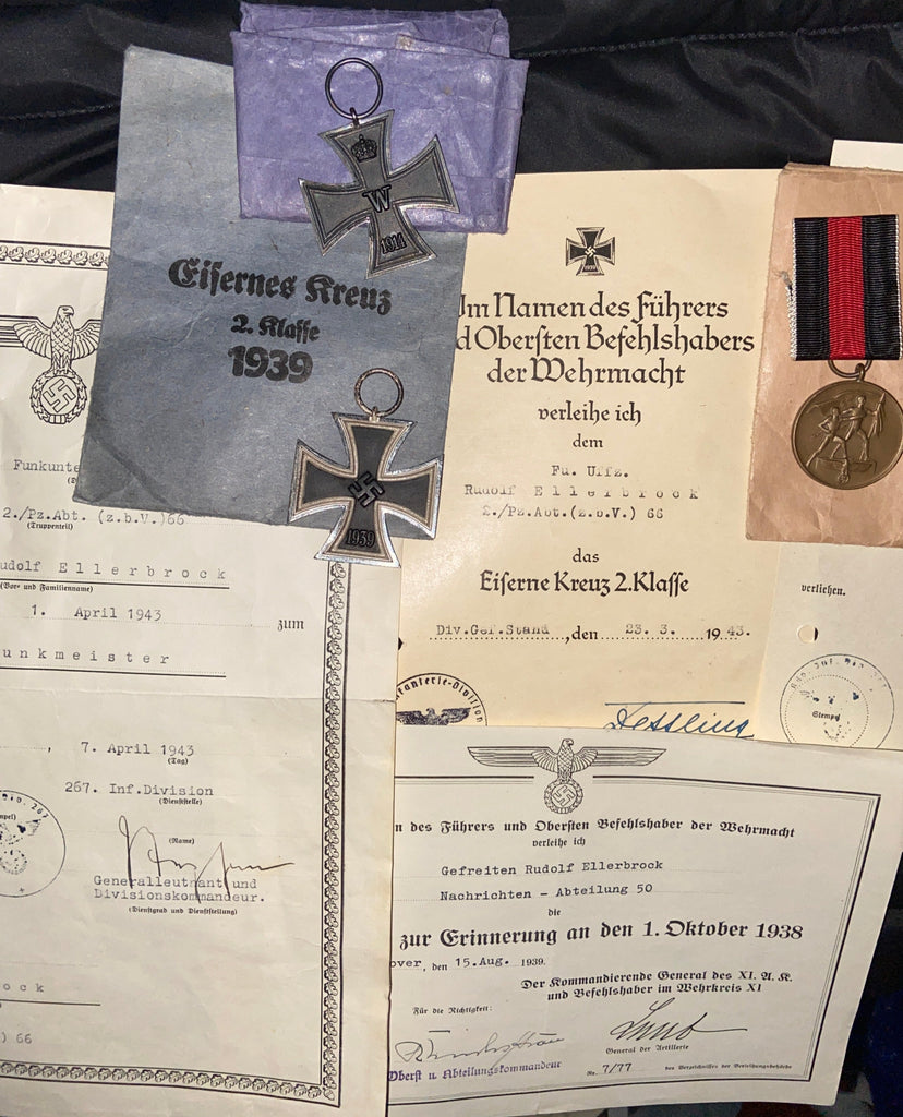 Nazi Germany, group of awards to private Rudolf Ellerbrock, 2 Panzer Unit. Iron Cross 2nd class, Wound Badge citation 1 October 1938, Panzer Assault Badge citation, also his father's WW1 Iron Cross in original packet, scarce