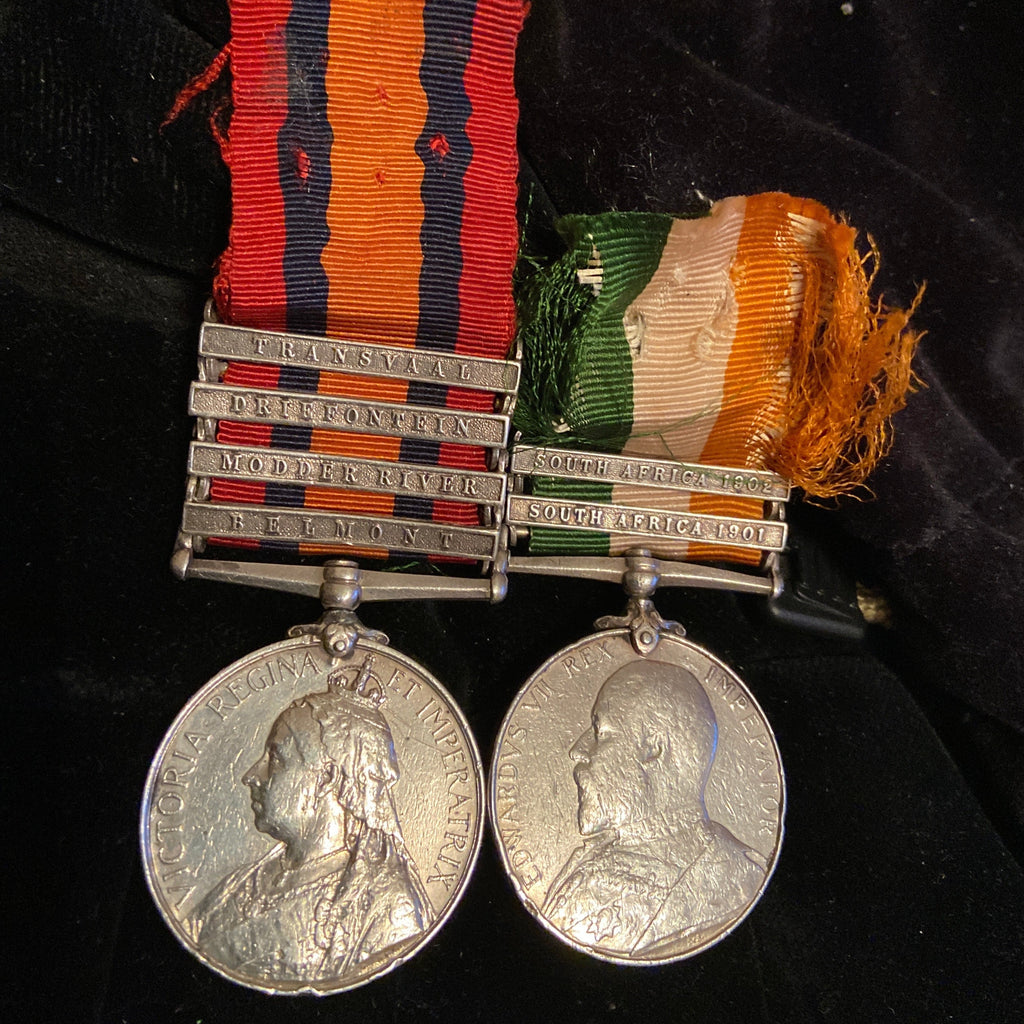 Queen's South Africa Medal (4 bars: Transvaal, Driefontien, Modder River & Belmont) / Kings South Africa Medal (2 bars) pair to Pte. John Tymon, 1 Scots Guards, full service papers, some edge knocks