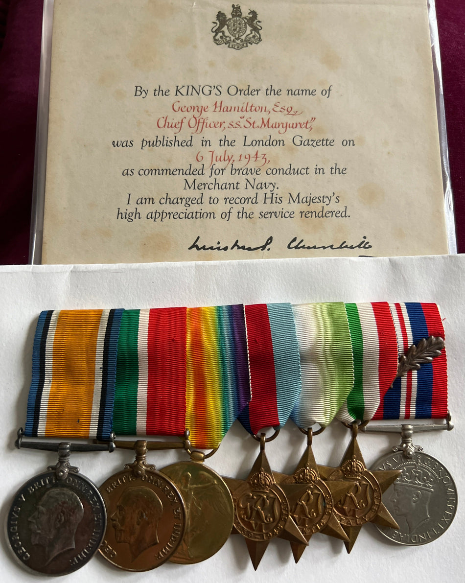 Group of 7 to George Hamilton, Merchant Navy, who was Chief Officer of S.S.S.T. Margaret when the vessel was torpedoed and sunk 27th February 1943, includes a large file of history & original brave conduct citation, scarce