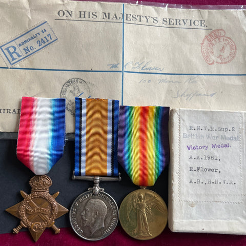 1914-15 Star trio to A.B. Robert Flower, Royal Navy Volunteer Reserve, served WW1 in East Africa on HMS Manica