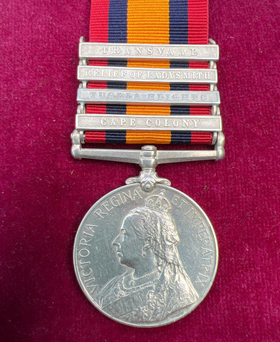 Queen's South Africa Medal, 4 bars: Transvaal, Relief of Ladysmith, Tugela Heights & Cape Colony, to 1623 Private J. Bain, 2 Royal Scots Fusiliers
