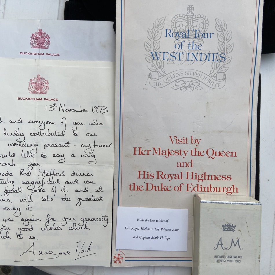 Letters and empty wedding cake box from the wedding of Princess Anne and Mark Phillips, 1973, interesting lot