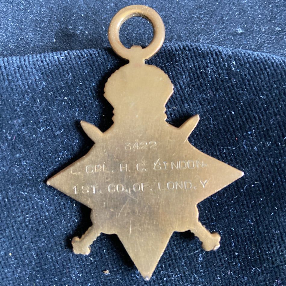 1914-15 Star to 3422 Cpl. Herbert Charles Bindon, 1st County of London Yeomanry. Served Egypt 28/4/1915, discharged 22/12/1915