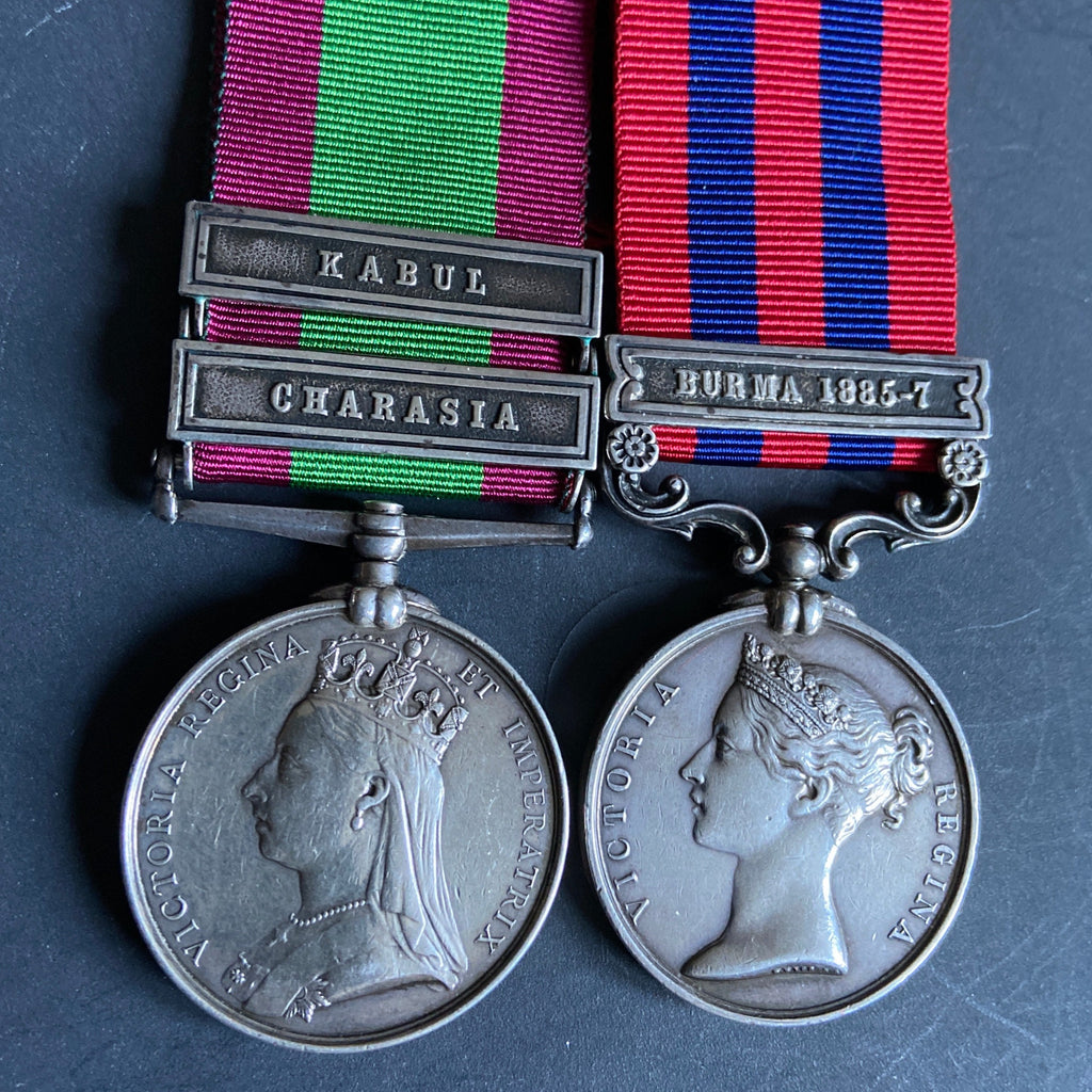 Afghanistan Medal (Kabul & Charasia clasps)/ India General Service Medal (Burma 1885-7 clasp) pair to George Styles, 67 Foot, Hampshire Regiment, with history