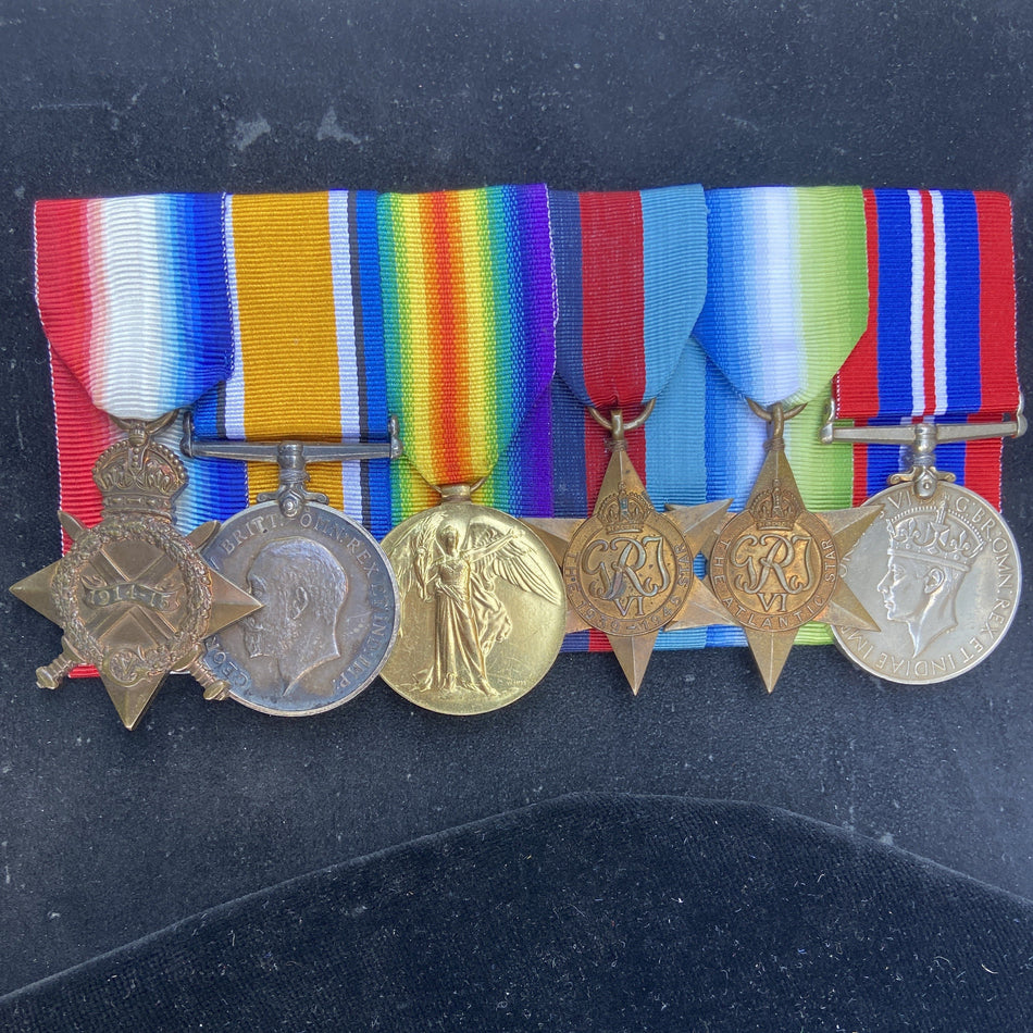 Group of 6 to Lieutenant/ Captain (Royal Army Medical Corps 1915-19) & Surgeon Commander (Royal Navy Volunteer Reserve 1931-42) Daniel McKinlay Reid, M.B. C.H.B. Killed in the blackout December 1943. See history.