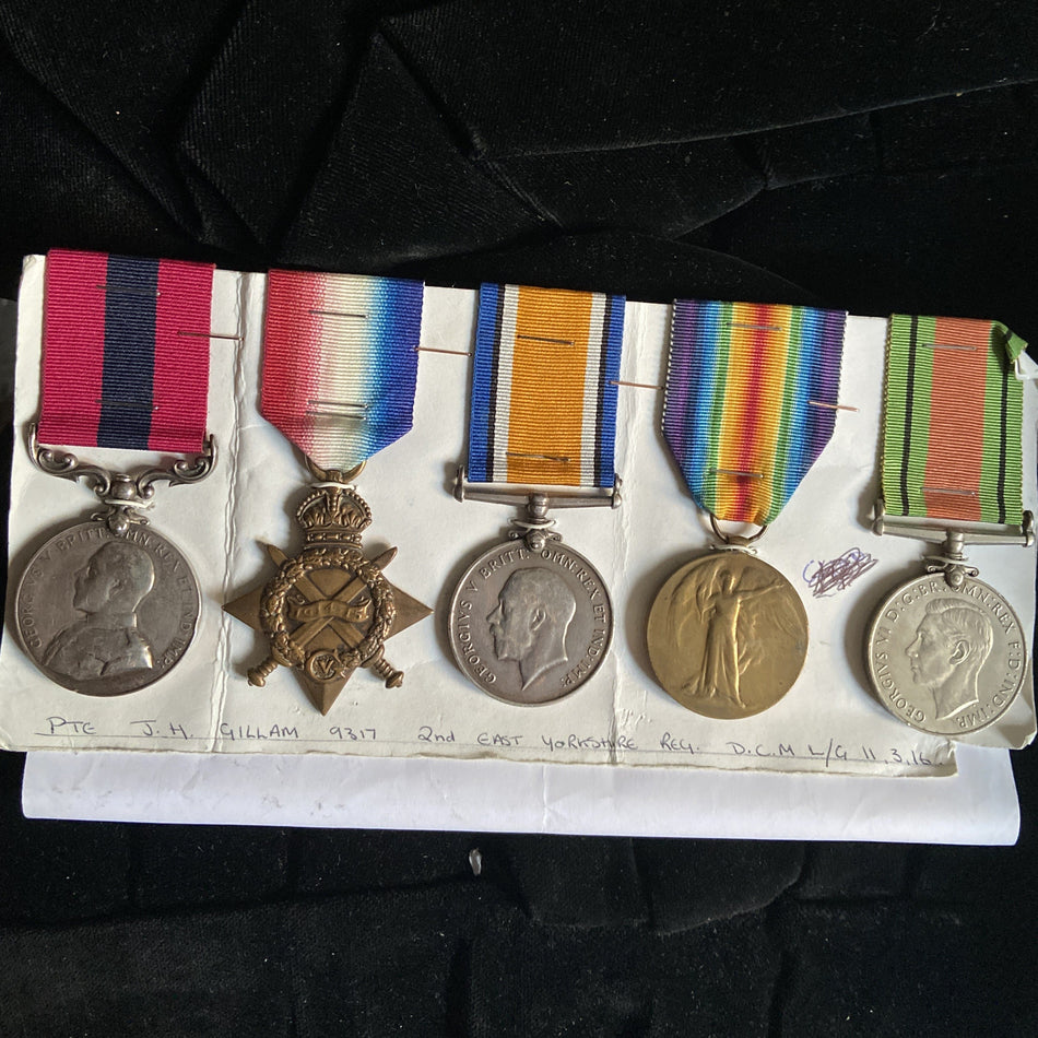 DCM group to Pte. Joseph Gilliam, 2 East Yorkshire Regt., LG: 11/3/1916, after the enemy had blown in his trench with a mine he displayed great bravery and devotion to duty in digging out under heavy shell fire and rifle fire the men who had been buried