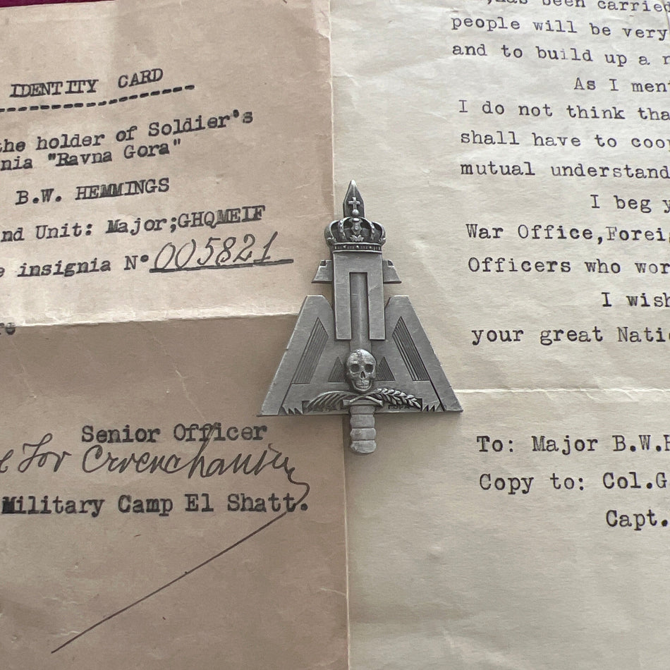 Yugoslavia, WW2 unit badge, scarce, with two typed letters