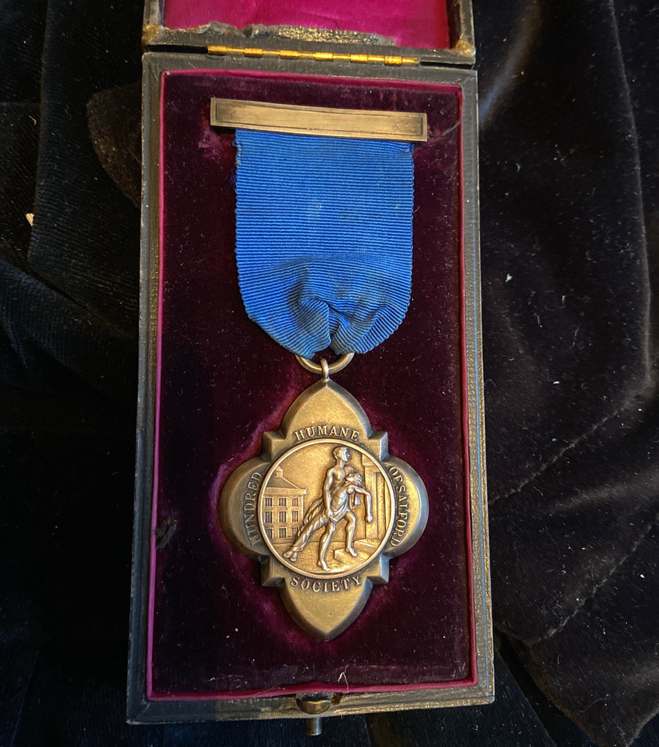 Hundred of Salford Humane Society Medal, silver, cruciform type, to Jas. Denton, August 1901, in original box of issue