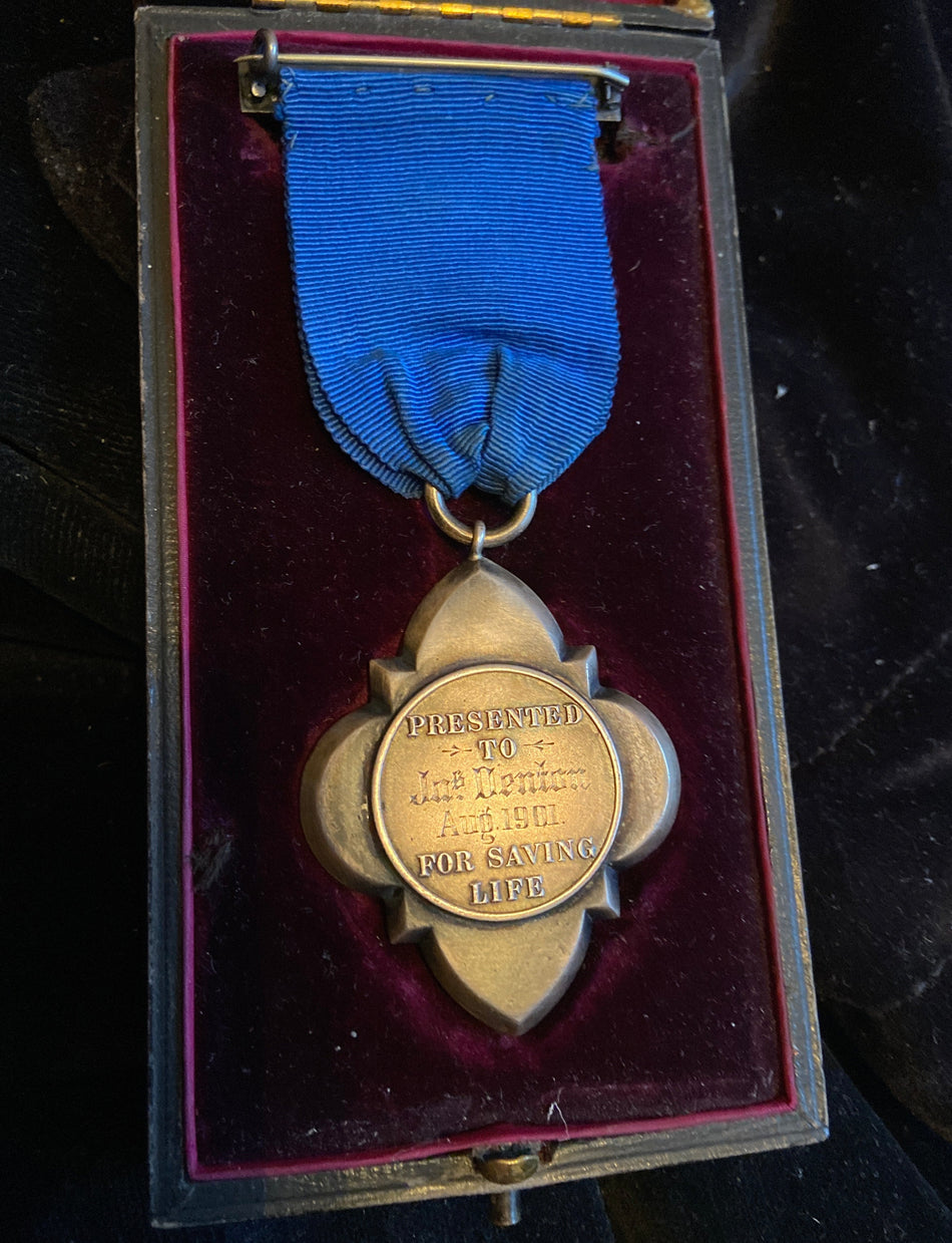Hundred of Salford Humane Society Medal, silver, cruciform type, to Jas. Denton, August 1901, in original box of issue