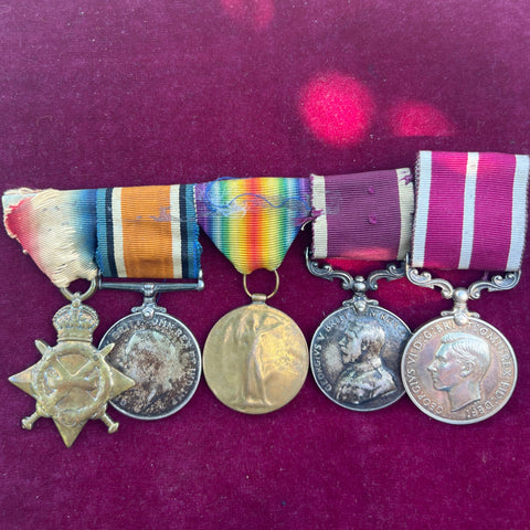 Group of 5 to Musician Gunner Charles G. Stearin, Royal Garrison Artillery, France 19/12/1915, medals worn, Meritrious Service Medal mint (never worn), with history