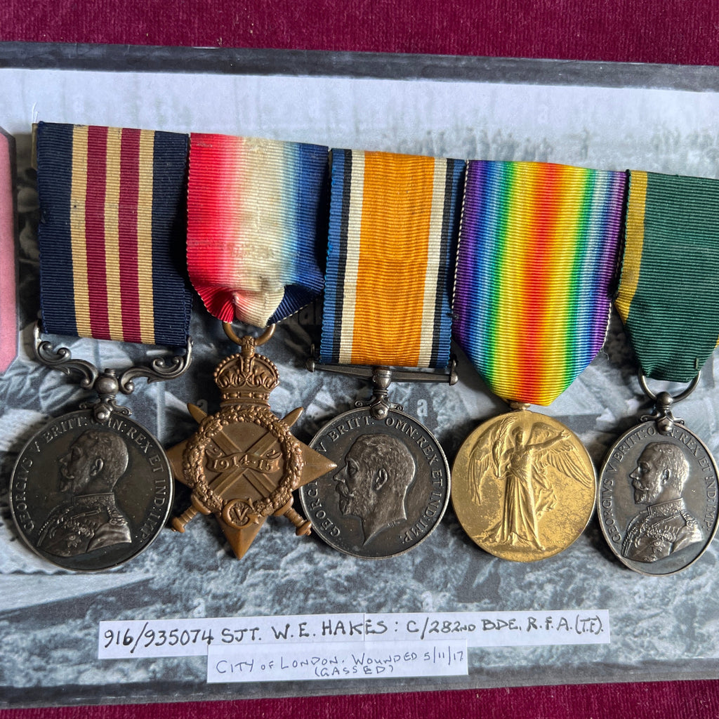 Military Medal group of 5 to 916-935074 Sergeant William E. Hawkes Hames, 1 -3 City of London Brigade, Royal Field Artillery, C/282 Brigade, wounded (gassed) 5/11/1917, Military Medal, London Gazette: 14/51919