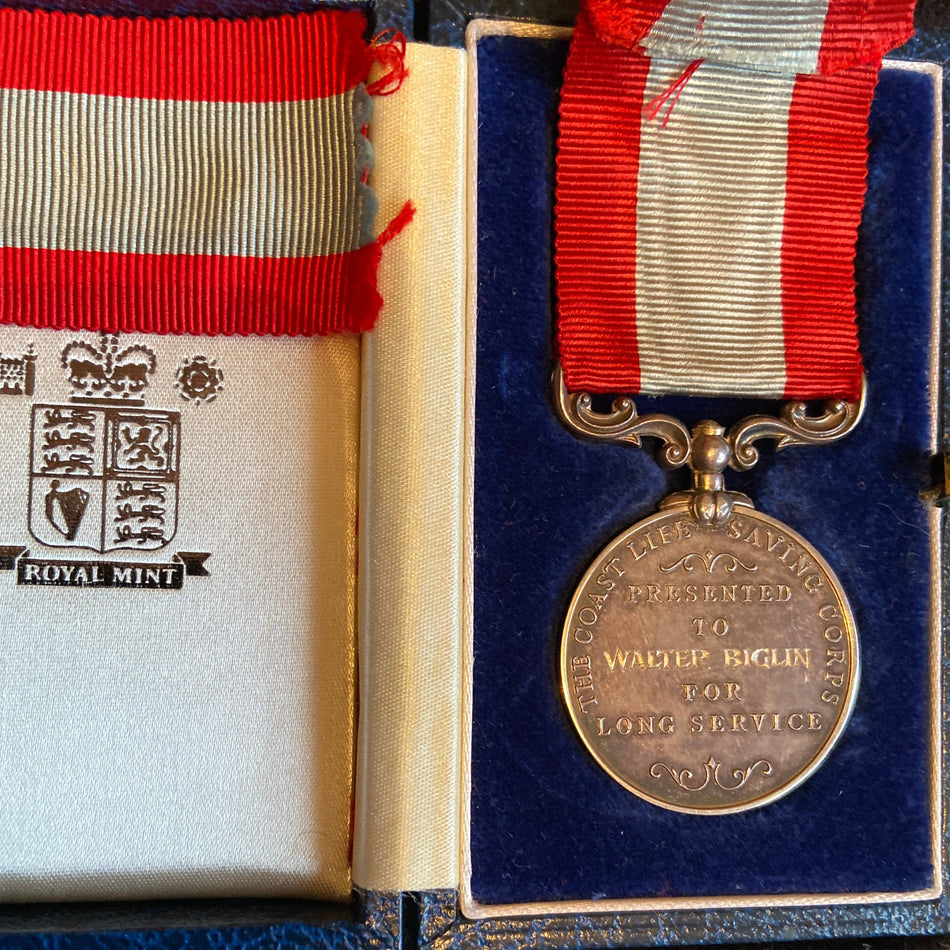 Coast Life Saving Corps Long Service Medal, Elizabeth II issue, to Walter Biglin who lived in Yorkshire, in original box of issue, includes some history