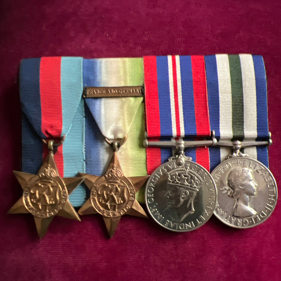 Group of 4 to X996950 R. V. Weston, L.E.M. R.N.R., formerly D/M.X.508737 Wireman H.M. Landing Craft 2338, he was seriously wounded on D-Day when the landing craft was hit on its ramp at Juno beach, with history