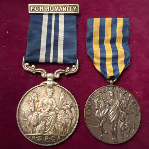 Silver R.S.P.C.A. Animal Life Saving Medal, FOR HUMANITY bar/ bronze R.S.P.C.A. Long Service Medal pair, to S/Inspector A. L. Smith 1955, Long Service: Chief Inspector Smith 1959