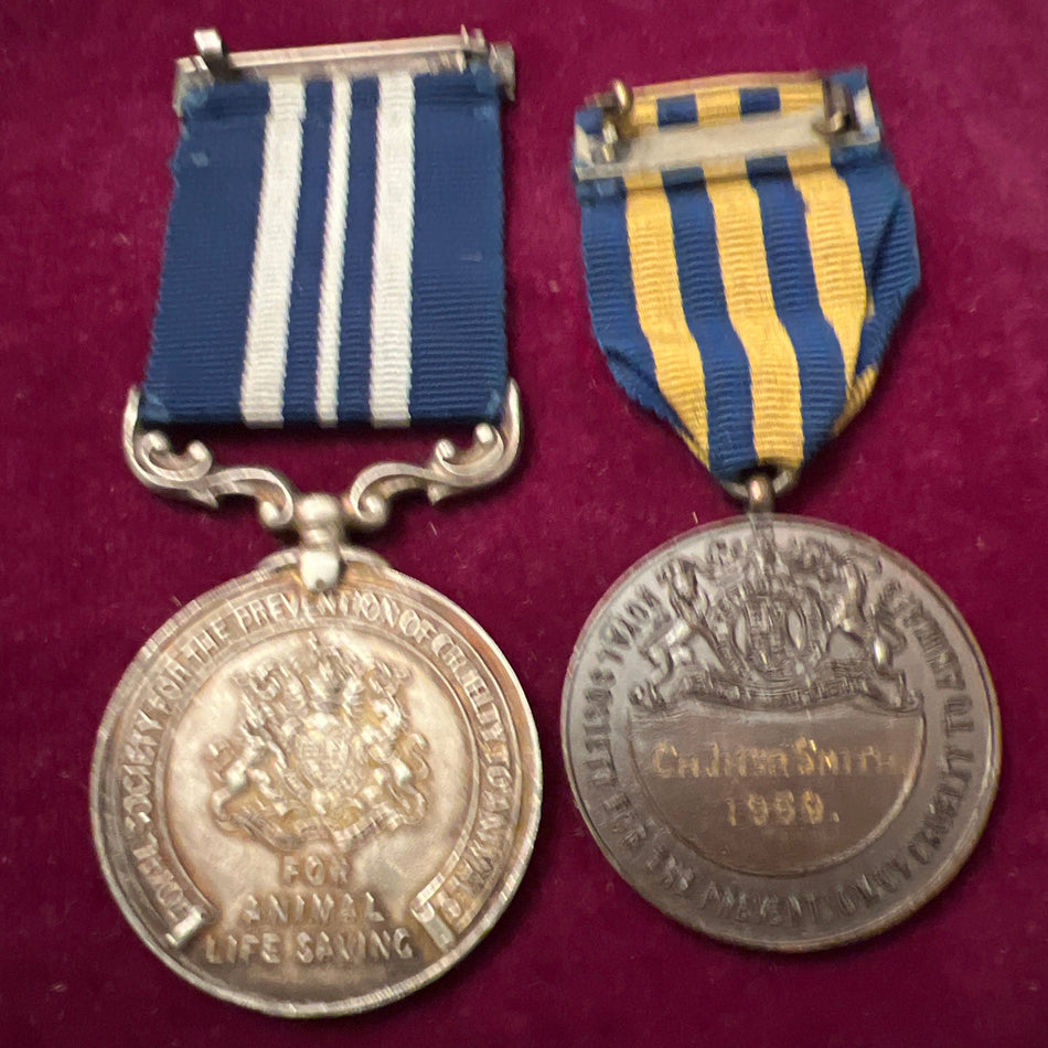 Silver R.S.P.C.A. Animal Life Saving Medal, FOR HUMANITY bar/ bronze R.S.P.C.A. Long Service Medal pair, to S/Inspector A. L. Smith 1955, Long Service: Chief Inspector Smith 1959