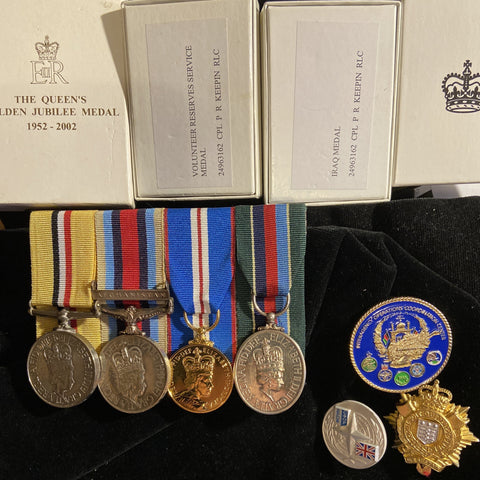 Group of 4 to 24964162 Corporal P. R. Keepin, Royal Logistics Corps. Iraq Medal, Operational Service Medal for Afghanistan, Queen Elizabeth II Golden Jubilee Medal & Volunteer Reserves Service Medal, complete with boxes and 3 badges