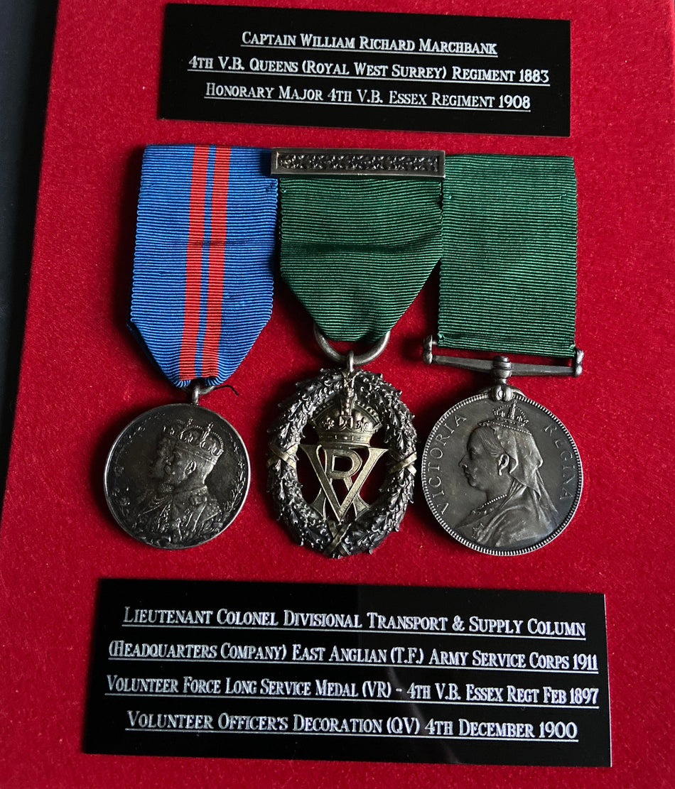 3 groups to the Marchbank family: Lt. Col. William Richard Marchbank, 4th VB West Surrey/ Essex Regiments, ASC (TA), Major William George Marchbank, East Anglian Transport & Supply Column, ASC (TA), & Lt. Col. Harold George Marchbank RA, see descriptions