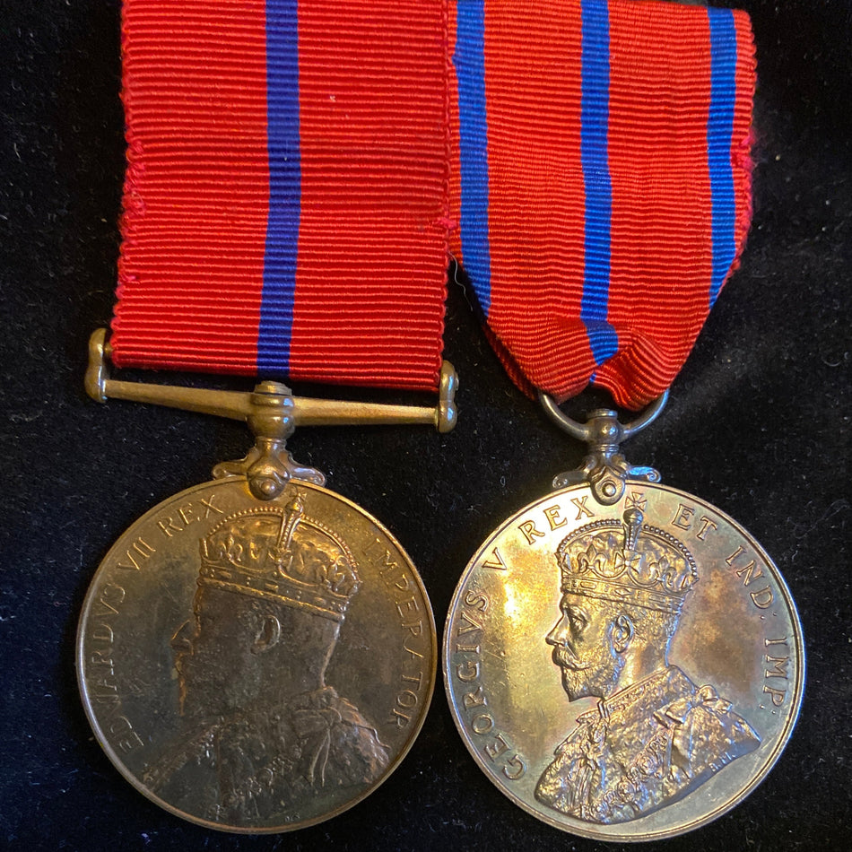 King George V Police Coronation Medal/ King Edward VII Police Coronation Medal pair to George William Manual, Metropolitan Police, Warrant Number 85761, joined 27/11/1899, left 30/11/1925, last posted to X Division, Sub Divisional inspector, with history
