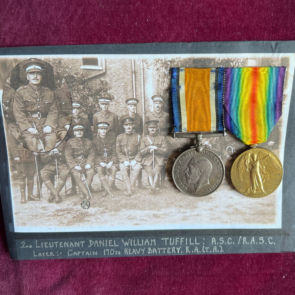 WW1 pair to Lieutenant Danial William Tuffill, Army Service Corps, served France, later Captain, 170th Heavy Battery, Royal Artillery, includes a large file of research, interesting history