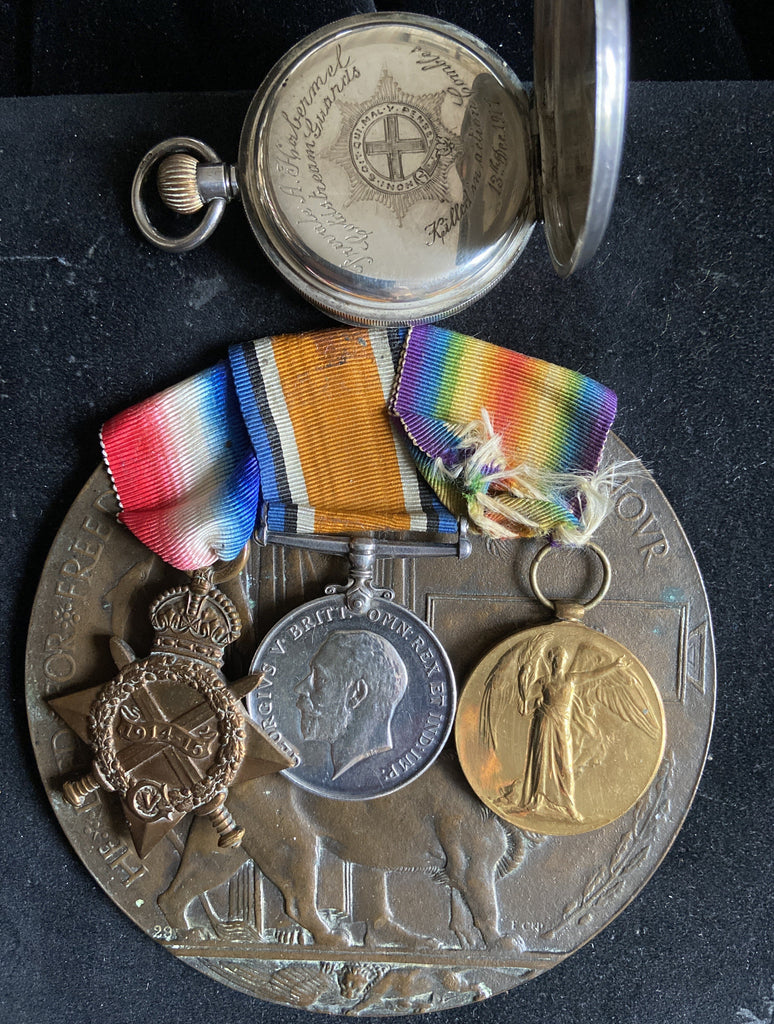 WW1 trio & Memorial Plaque to 13382 Pte. Arthur Edward Habermel, 4th (Pioneer) Battalion, Coldstream Guards. Killed in action 13/12/1916, Combles, with engraved watch presented to his family one year after his death, includes history