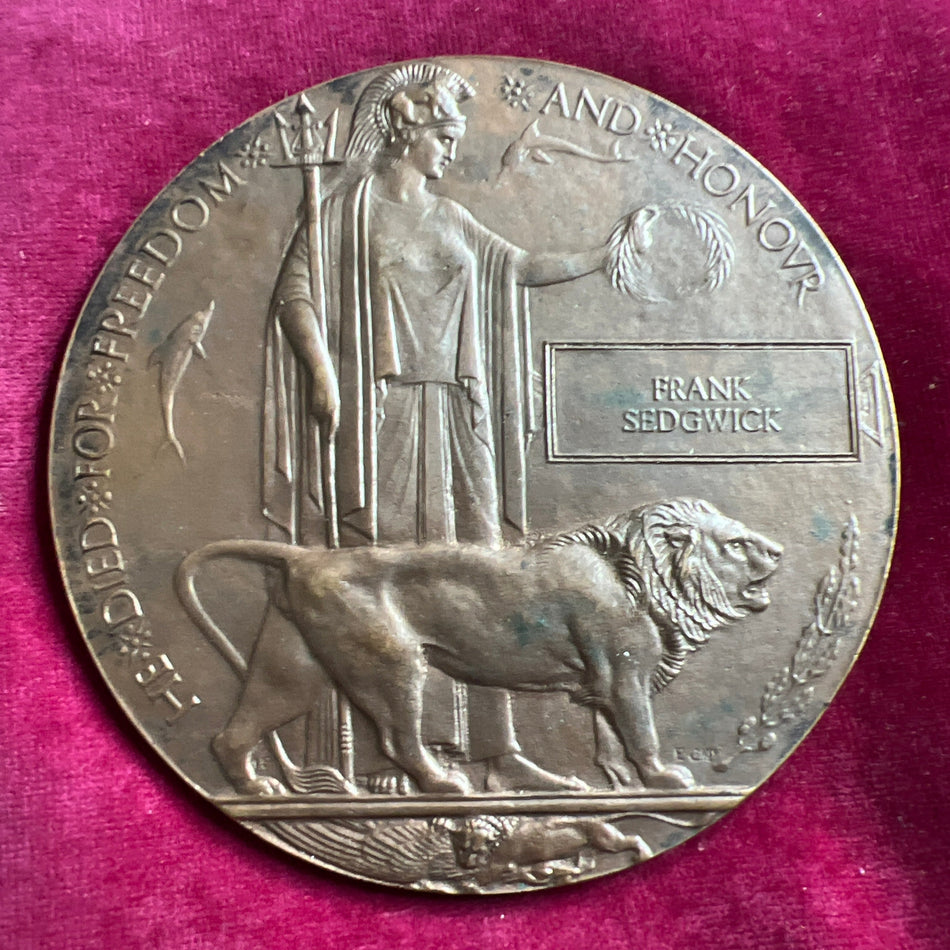 Memorial Plaque to Frank Sedgwick, Dorset Regiment, one of two men showed 1st killed in action on 16th February 1916, 2nd killed in action 6th June 1915, see history