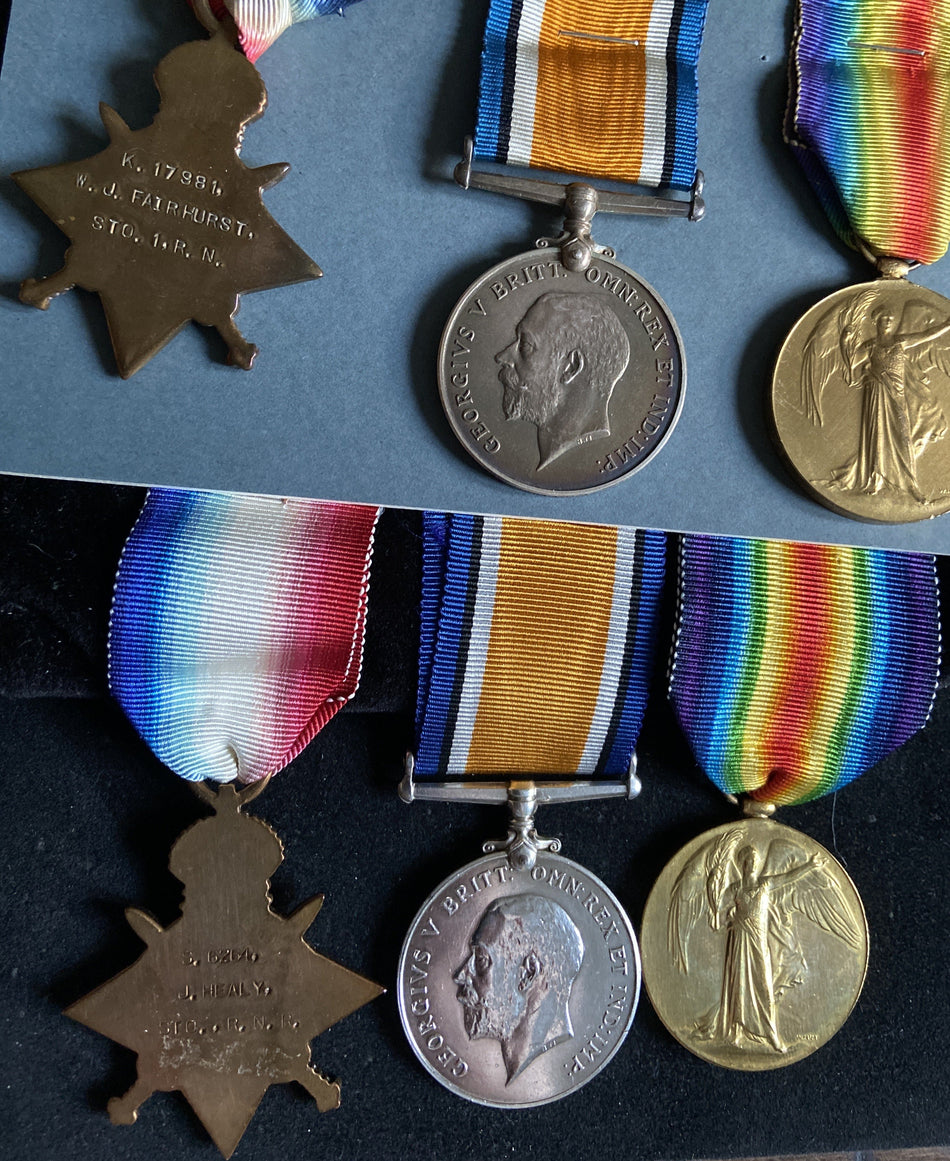 Two WW1 trios to K/17981 Walter James Fairhurst (from Warrington) and 6264 Stoker John Healy, Jutland casualties who died on HMS Indefatigable, which was sunk at the Battle of Jutland on 31 May 1916, with the loss of 1010 men, only two survivors