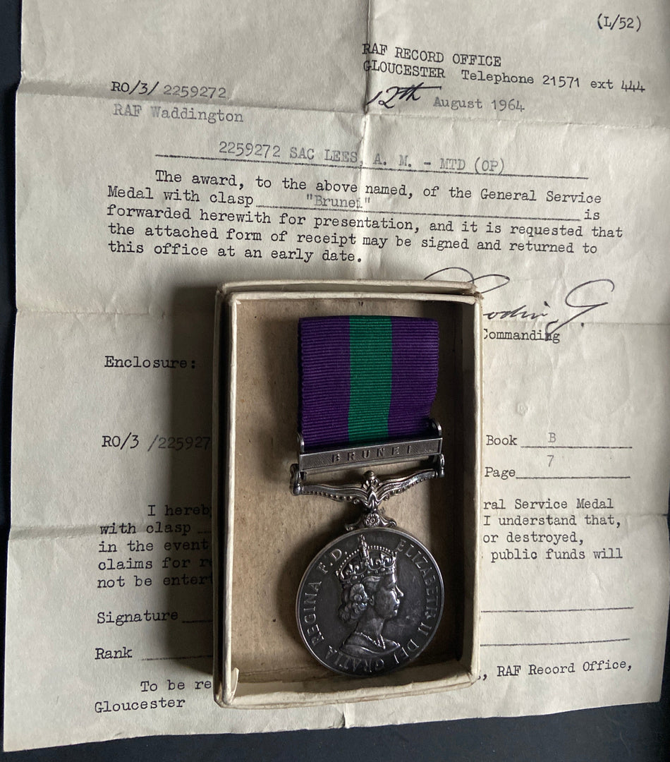 General Service Medal, Brunei bar, to 2259272 SAC A. M. Lees, MTD. (OP), RAF, with original box of issue & paper for award, 13th August 1964